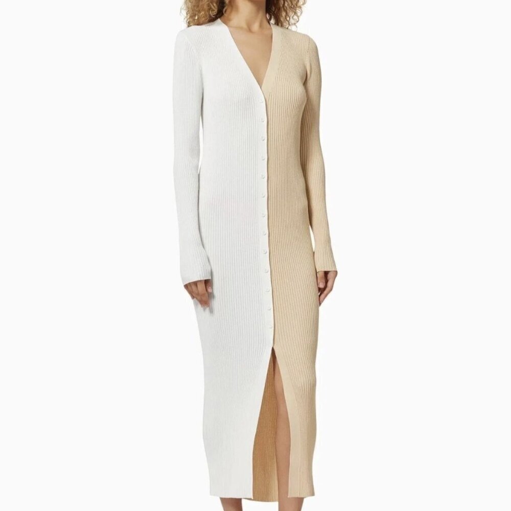 STAUD Shoko Colorblock Ribbed Button Front Sweater Dress, White/Beige, XL - Picture 1 of 7